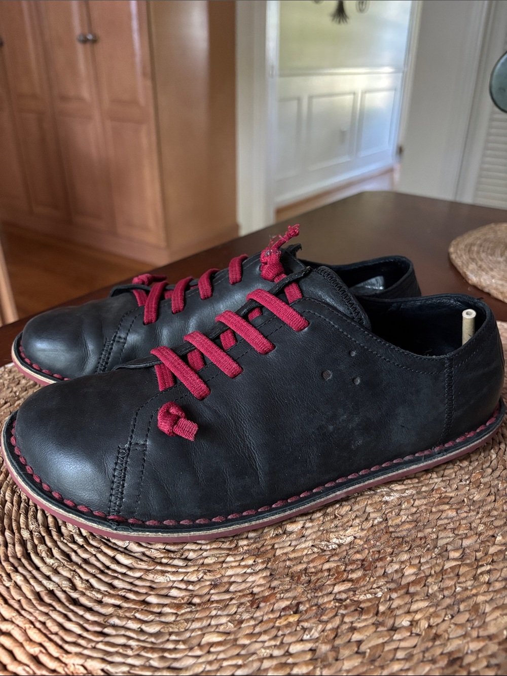 Camper Men's Black Casual Leather Sneakers with Burgundy Accents